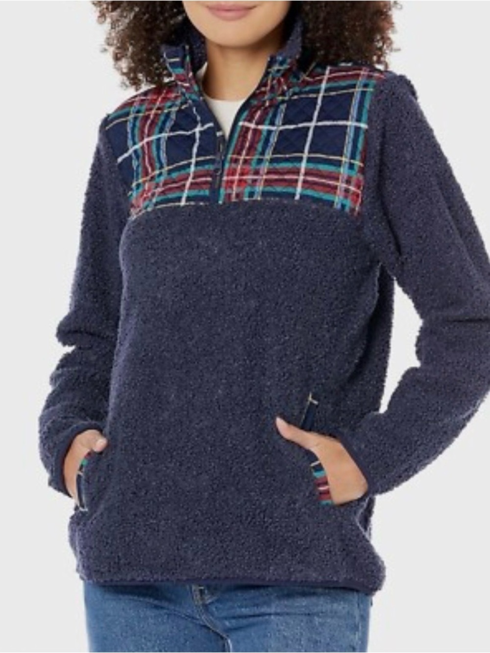 Vera Bradley Women's Teddy Fleece Blue Pullover 1/4 Zip Tartan Plaid Sz S Preppy